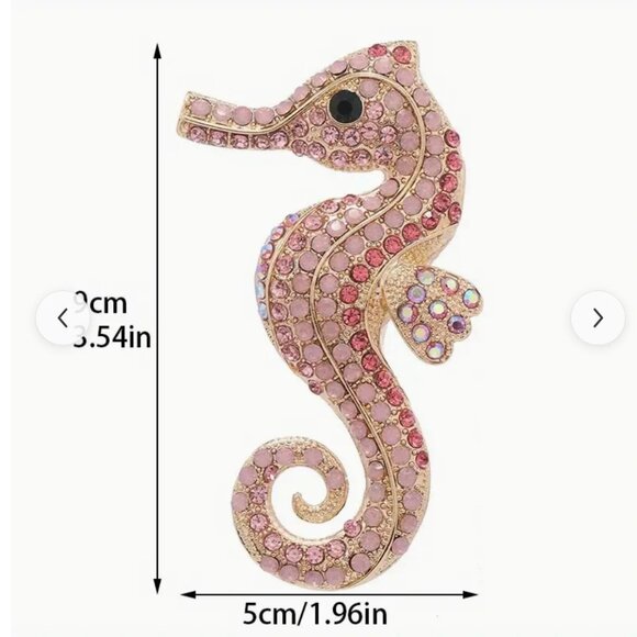 Pink & Iridescent Rhinestone Seahorse Brooch Pin Gold Tone - Picture 2 of 3